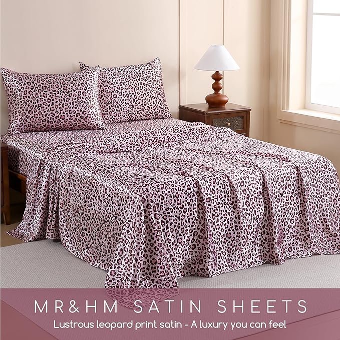 MR&HM Satin Bed Sheets with Elastic Corner Straps, Queen Size Sheets Set, 4 Pcs Silky Bedding Set with 15 Inches Deep Pocket for Mattress (Queen, Pink Leopard)