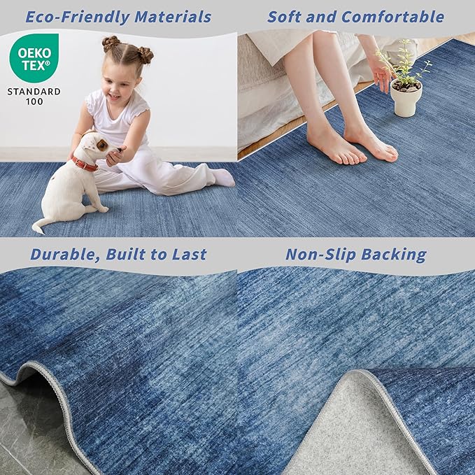 2x6ft Non-Slip Washable Kitchen Rug - Modern Carpet Runner for Hallway,Bedroom Bedside,Laundry Room,Entryway with Rubber Backing – Abstract Neutral Low-Pile Thin (Navy Blue,2x6)