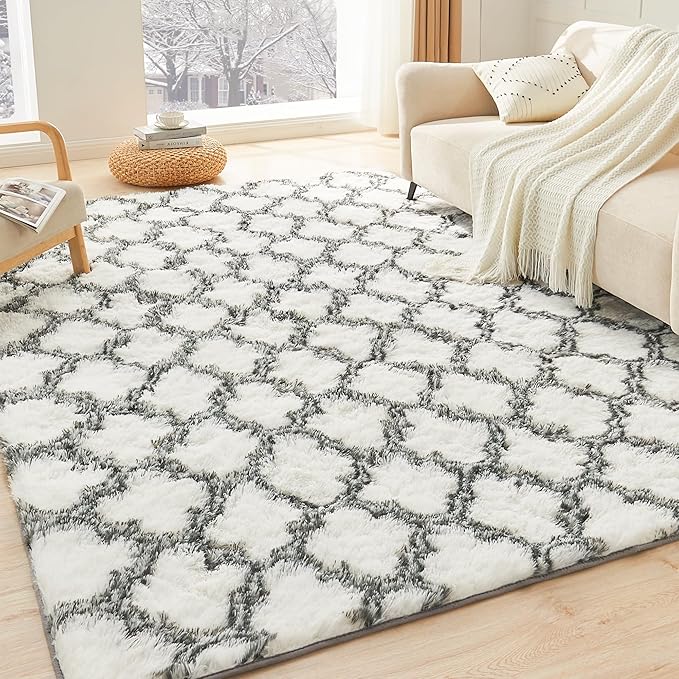 Litanika 4x6 Geometric Shag Area Rug for Bedroom, White and Grey High Pile Ultra Soft Plush Shaggy Furry Bedside Playroom Dorm Carpet, Non-Slip, Non-Shedding Indoor Floor Rug