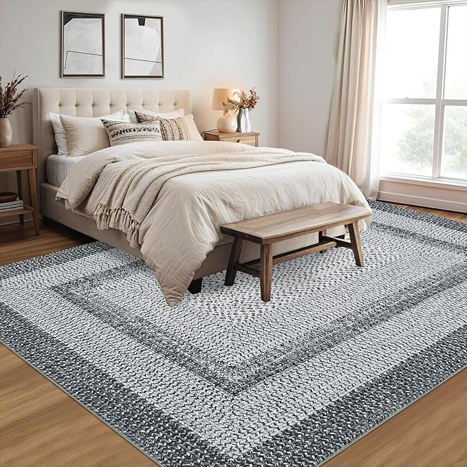 RUGSREAL 10x13 Large Living Room Rug Braided Print Rug Boho Accent Throw Carpet Farmhouse Rustic Dining Room Carpet Non Slip Geometric Bordered Bohemian Carpet for Bedroom Home Decor Office, Grey