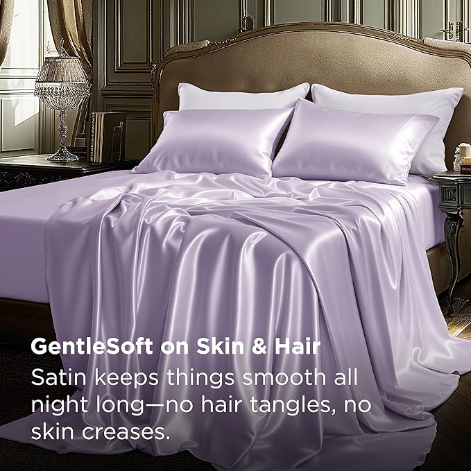 Bedsure Satin Sheets King Size - 4 Piece Silky Bedsheets with 15 Inches Deep Pocket Fitted Bedsheet,1 Flat Sheet, 2 Satin Pillowcases, Good for Hair & Skin (King, Lavender)