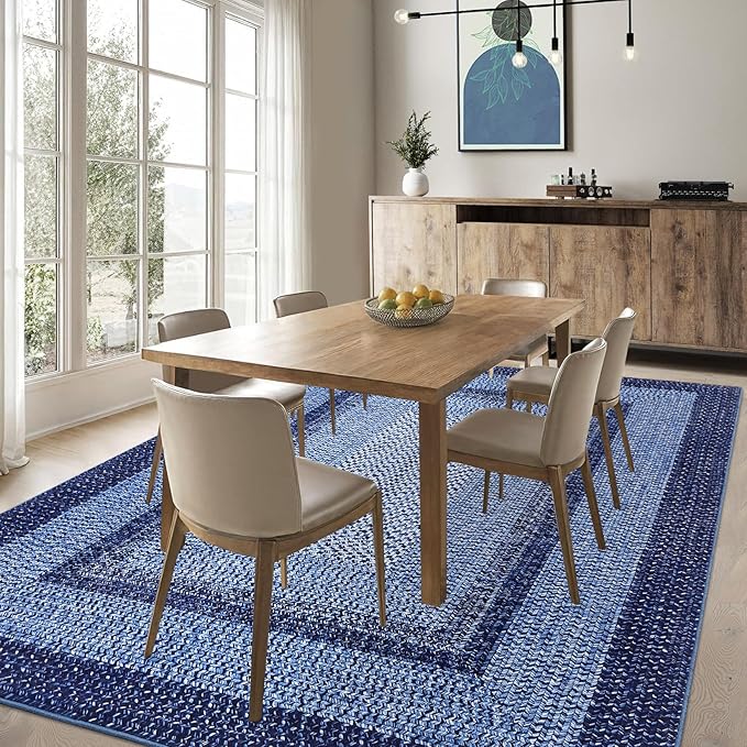 RUGSREAL 9x12 Living Room Rug Large Washable Rug Non Slip Dining Room Boho Braided Print Carpet Indoor Throw Floor Cover Farmhouse Rustic Area Rug Bohemian Border Carpet for Bedroom Home Decor, Navy