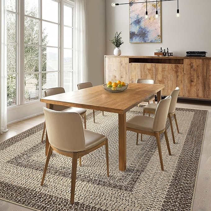RUGSREAL Washable Rugs 5x7 Living Room Boho Throw Rug Stain Resistant Braided Print Border Large Carpet for Bedroom with Rubber Backing Low Pile Farmhouse Rustic Rug for Home Decor Office, Camel