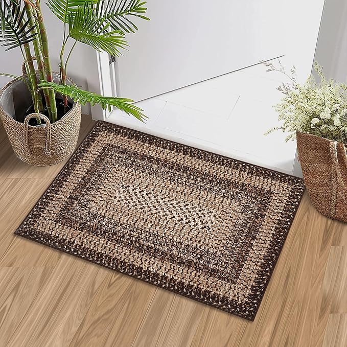 RUGSREAL 2x3 Entry Rug Small Bedroom Area Rug Braided Printed Mat for Living Room Farmhouse Kitchen Mat Indoor Non Slip Rustic Throw Carpet Machine Washable Rug for Sink Under Table, Brown