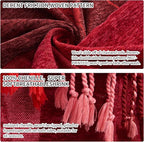 Bohemian Chenille Jacquard Tassel Throws - Reversible Red&Pink Maple Leaf Design for Boho Hippie Vibes - Oversized Blankets for Large Couch, Furniture, Sofa, Chair