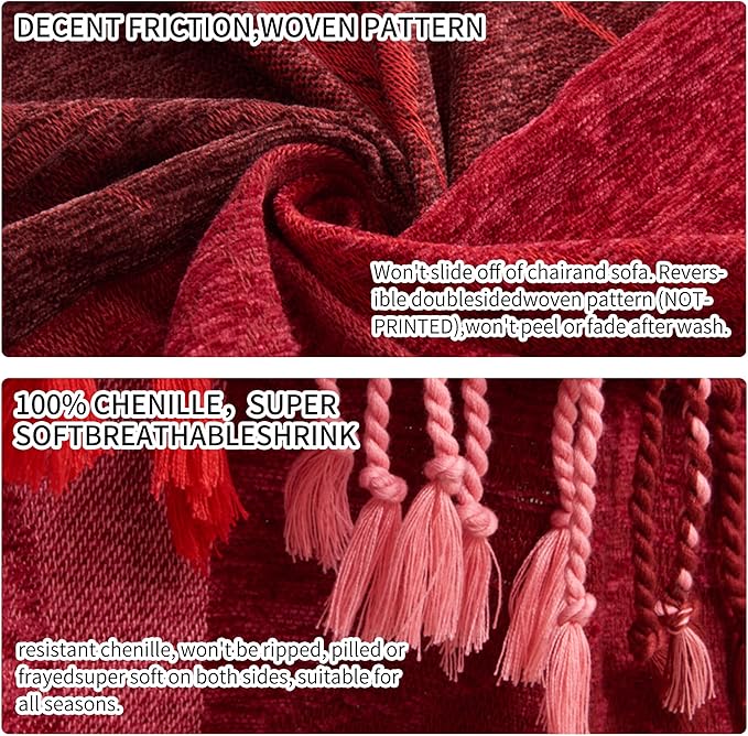 Bohemian Chenille Jacquard Tassel Throws - Reversible Red&Pink Maple Leaf Design for Boho Hippie Vibes - Oversized Blankets for Large Couch, Furniture, Sofa, Chair…