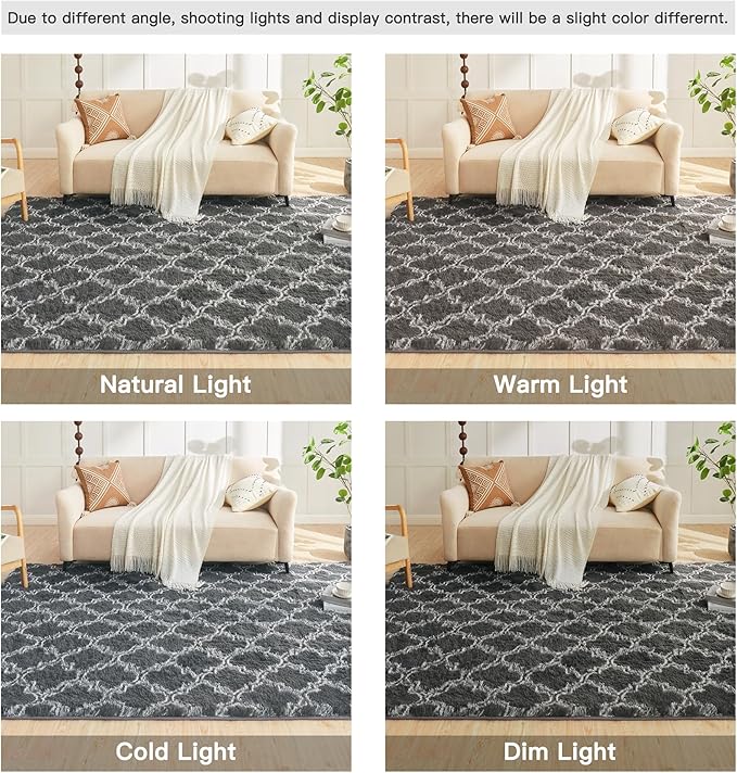 Litanika 8x10 Geometric Shag Area Rug for Bedroom, Dark Grey and White High Pile Ultra Soft Plush Shaggy Furry Bedside Playroom Dorm Carpet, Non-Slip, Non-Shedding Indoor Floor Rug