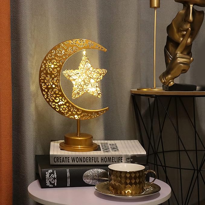 GUOCHENG Enchanted Lunar Lamp Moon Shaped Table Lamps, LED Crescent Night Light Magic Hanging Moon Lamp Decor, Home Bedroom Bedside Desktop Nightstand Decorative Gift(Rattan Star)