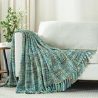 Multi-Color Green Cable Woven Throw Blanket for Couch,50"X60" Boho Style Textured Blankets for Home Decor,Super Soft Warm Cozy Chunky Blanket with Decorative Tassels for Bed and Sofa