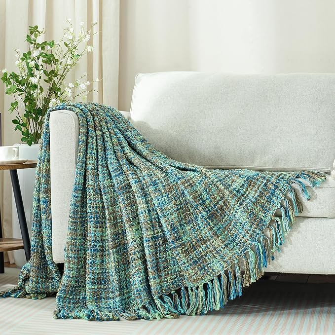 Multi-Color Green Cable Woven Throw Blanket for Couch,50"X60" Boho Style Textured Blankets for Home Decor,Super Soft Warm Cozy Chunky Blanket with Decorative Tassels for Bed and Sofa
