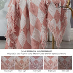 Chezmoi Collection Kendall Checkered Cotton Muslin Throw Blanket 50" W x 60" L, Knit Woven Gauze Blanket with Frayed Tassels for Bed Couch Travel Lightweight Breathable Cozy Throw, Dusty Rose/White