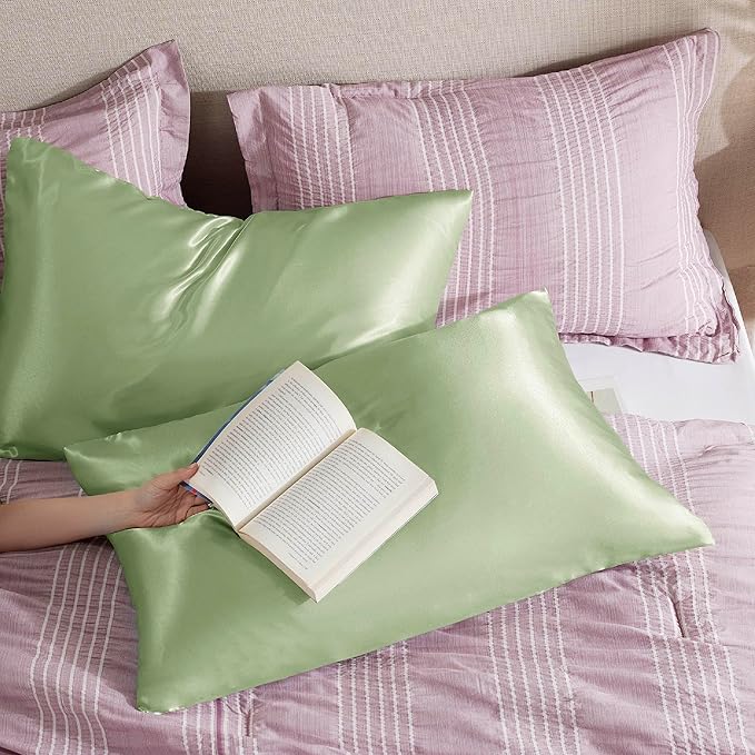 Bedsure Satin Pillowcase with Zipper, Similar to Silk Pillow Cases 2 Pack, Silky & Soft Satin Pillow Cases Standard Size for Hair and Skin, Sage Green Pillow Covers, Gifts for Women Men, 20x26 Inches