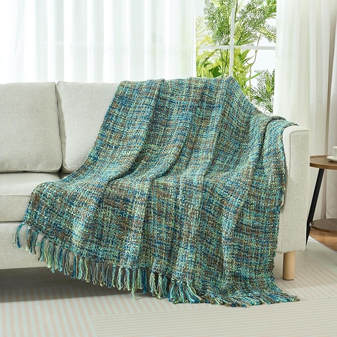 Multi-Color Green Cable Woven Throw Blanket for Couch,50"X60" Boho Style Textured Blankets for Home Decor,Super Soft Warm Cozy Chunky Blanket with Decorative Tassels for Bed and Sofa