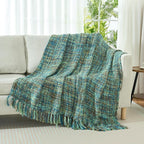 Multi-Color Green Cable Woven Throw Blanket for Couch,60"X80" Boho Style Textured Blankets for Home Decor,Super Soft Warm Cozy Chunky Blanket with Decorative Tassels for Bed and Sofa