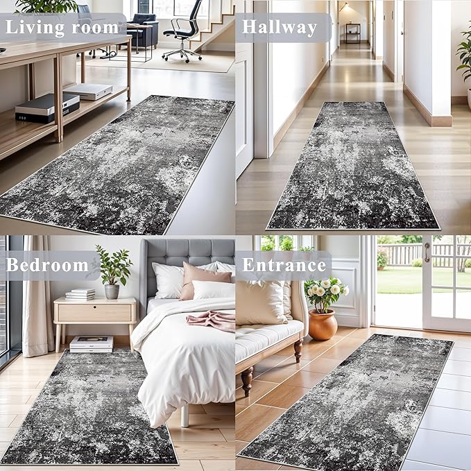 3x7 Kitchen Runner Rug – Washable Non-Slip Modern Abstract Neutral Carpet for Hallway, Entryway, Bedroom, Bathroom – Low-Pile Thin Stain-Resistant Wide Floor Runner (Black Grey,3x7)