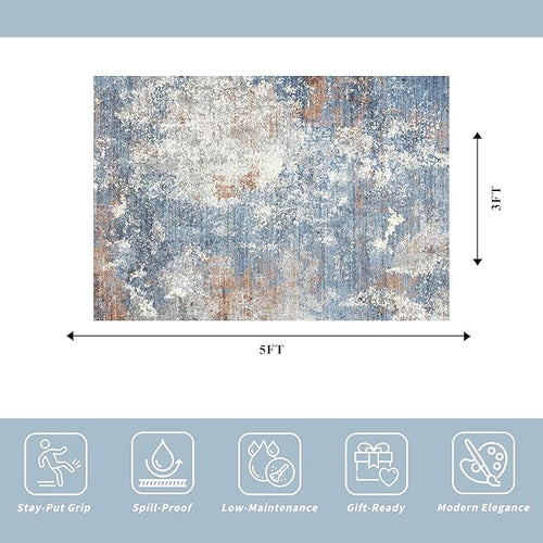 3x5 Washable Kitchen Rug – Non-Slip Rubber Backed Small Area Rug for Entryway, Bedroom, Living Room, Office – Soft Low-Pile Thin Modern Abstract Neutral Door Mat （Blue Rust,3x5）