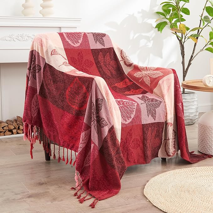 Bohemian Chenille Jacquard Tassel Throws - Reversible Red&Pink Maple Leaf Design for Boho Hippie Vibes - Oversized Blankets for Large Couch, Furniture, Sofa, Chair