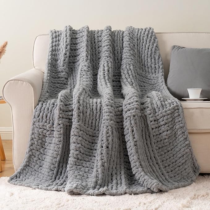 Bunnikins & Clover Chunky Knit Throw Blanket for Couch, Light Grey Throw Blanket for Home Decor, Handmade Chenille Cable Knit Throw Crochet Blanket, 50"x60"