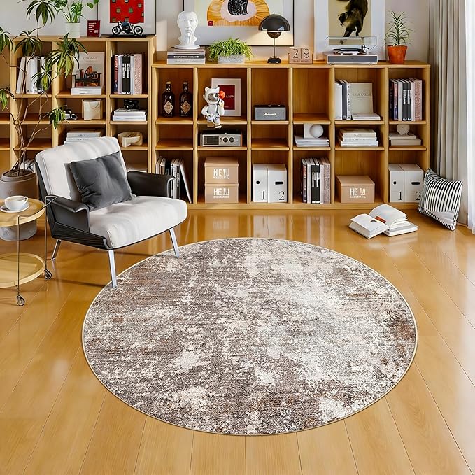 4ft Washable Kitchen Round Rug: Non-Slip Small Circle Rug for Bathroom,Living Room,Bedroom – Soft Modern Neutral Abstract Circular Carpet (Brown Beige,4x4)