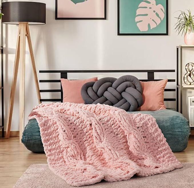 Chunky Knit Blanket Throw - 100% Hand Knitted Chunky Soft Throw Blanket for Couch, Thick and Warm Blanket for Winter, Pink, 40x50 Inches