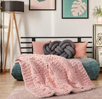 Chunky Knit Blanket Throw - 100% Hand Knitted Chunky Soft Throw Blanket for Couch, Thick and Warm Blanket for Winter, Pink, 40x50 Inches