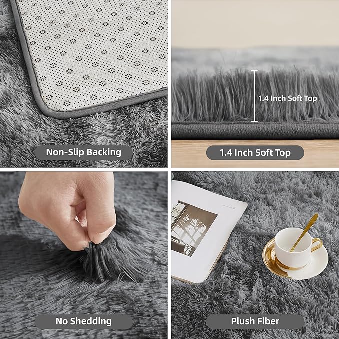 Litanika 6x9 Shag Area Rug for Living Room Bedroom, Tie-Dyed Dark Grey High Pile Soft Plush Shaggy Furry Bedside Playroom Dorm Carpet, Non-Slip, Non-Shedding Modern Indoor Floor Rug