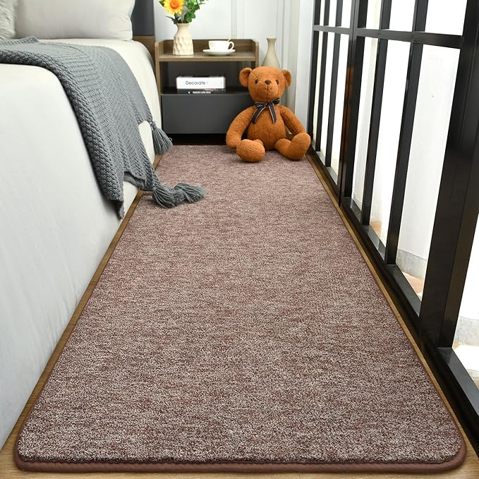 Keeko 2x8 Bedside Runner Rugs for Bedroom Living Room Hallway Non Slip Washable Modern Memory Foam Rug Low Pile Kitchen Carpet for Nursery Dorm Kids Room Decor Brown