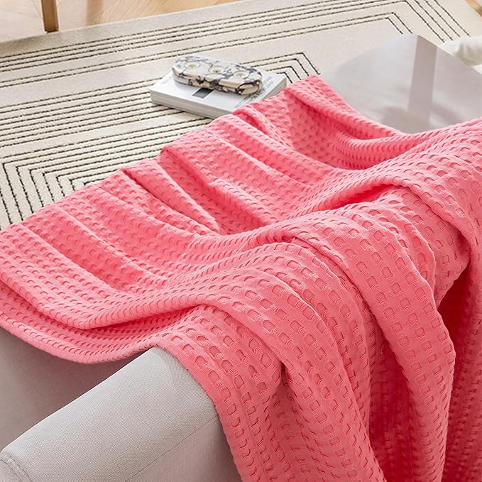 Elegant Comfort Premium 100% Cotton Waffle Blanket - Lightweight Breathable Waffle Weave Bed Blanket - Soft and Warm All Season Blanket for Couch, Sofa and Bed, Twin Size 68x88 Inches, Coral