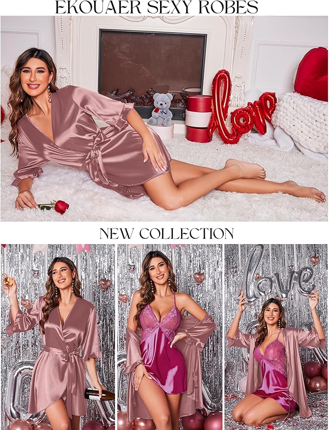 Ekouaer Women's Satin Robe Valentines Lingerie for Women Kimono Bathrobe Short Ruffle Belted Robes Bridesmaids Sleepwear