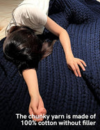 YnM 100% Cotton Weighted Blanket, Handmade Chunky Knitted Throw, No fillers Design, Soft and Breathable, Machine Washable Bed Blanket for Sleep or Home Decor (Navy Blue, 60x80 Inch, 25lbs)