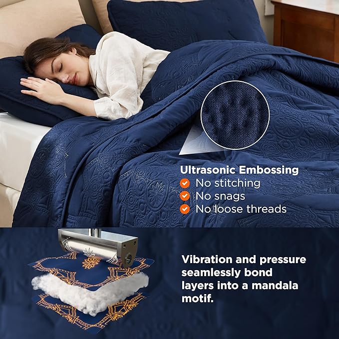 Bedsure Quilts Queen Size - Navy Blue Bedspread Queen Size & Lightweight Comforter, Modern Coverlet with Mandala Pattern, Ultra Soft All-Season Bedding, 90 x 96 Inches | Stitch-Free Quilting, Ultra Soft, Lightweight, Machine Washable, Pet-Friendly