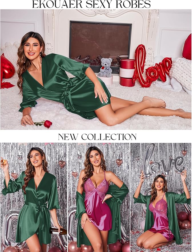 Ekouaer Women's Satin Robe Valentines Lingerie for Women Kimono Bathrobe Short Ruffle Belted Robes Bridesmaids Sleepwear