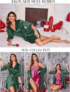 Ekouaer Women's Satin Robe Valentines Lingerie for Women Kimono Bathrobe Short Ruffle Belted Robes Bridesmaids Sleepwear