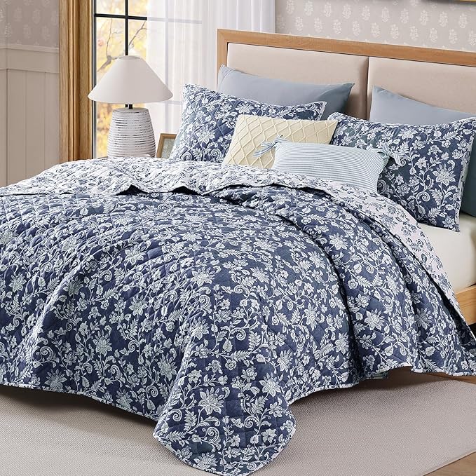 BLOOMHAVEN Quilt Set Twin Size, Oxford Blue Floral Quilt Sets, Reversible Bedspread Lightweight and Breathable for All Seasons, Soft Quilted Bedspread with 1 Pillow Sham