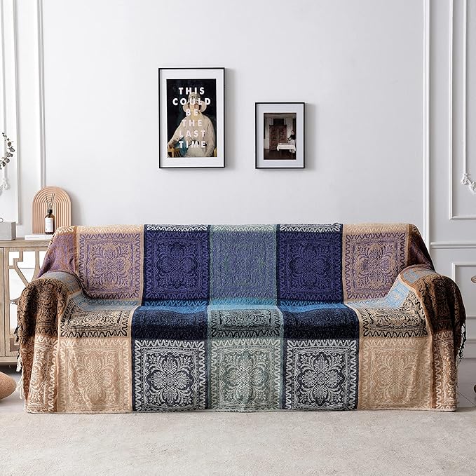 Boho Throw Blanket - Hippie Chenille Jacquard Bohemian Chair Couch Sofa and Bed Furniture Cover with Colorful Tribal Pattern (Purple, 87" x 102")