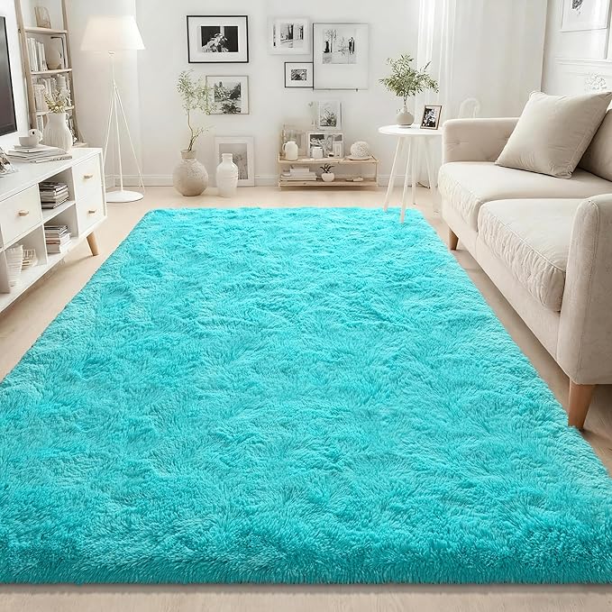 ISEAU 4x6 Area Rug for Living Room, Teal Blue Rugs for Bedroom, Kitchen, Soft Shaggy Carpets, Fluffy and Machine Washable Mats, Under Bed, On Nursery Floors Mat, Boys, Girls Room Carpet Decor