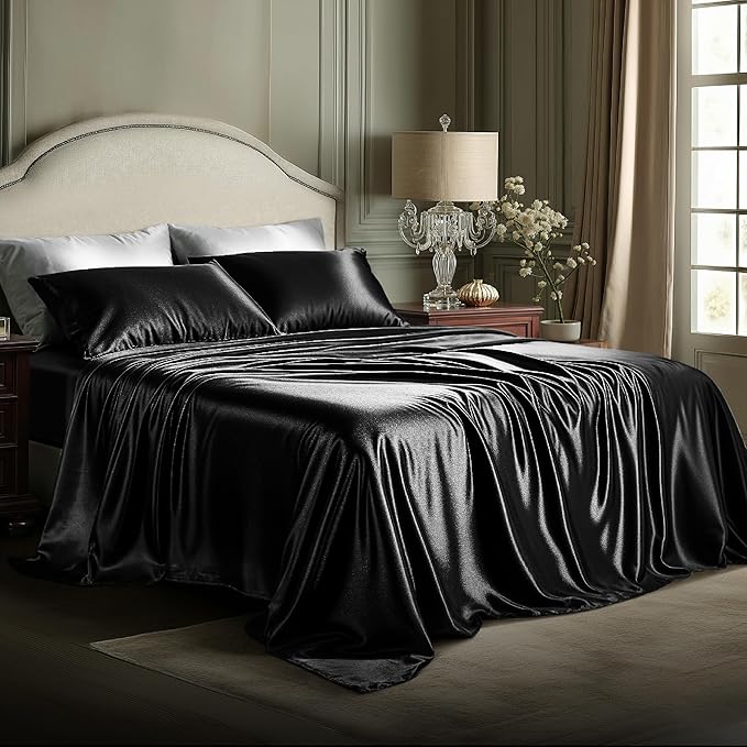 Bedsure Black Satin Sheets King Size - 4 Piece Silky Bedsheets with 15 Inches Deep Pocket Fitted Bedsheet,1 Flat Sheet, 2 Satin Pillowcases, Good for Hair & Skin (King, Black)