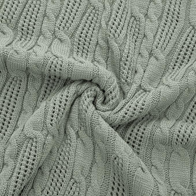 Aormenzy Cable Knit Throw Blankets 50 x 60 Inches, Soft Cozy and Lightweight Knitted Blanket, Machine Washable Acrylic Blanket, Decorative Throw Blanket for Couch Sofa Bed, Sage Green