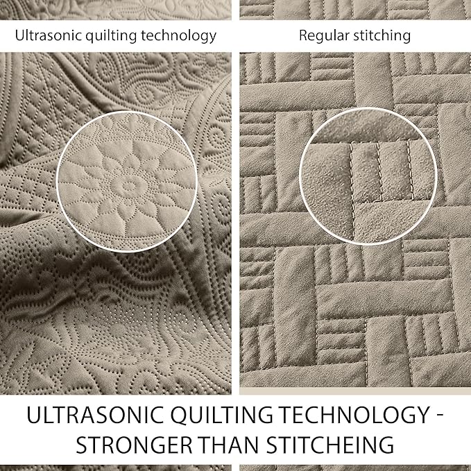 IR Imperial Rooms Queen Quilt Bedding Set Size (90" x 96") + 2 Pillow Shams (20" x 26"+ 2") - 3 Pcs All Season Lightweight Reversible Microfiber Coverlet Floral Embossed Quilt Bedspread (Beige)