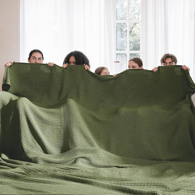 Bedsure Gentlesoft 100% Cotton Big Blanket Oversized King for Bed - Large Breathable Thick Waffle Weave Blanket for Summer, Couch Cover, Olive Green, 120x94 inches