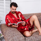 Haseil Men's Satin Robe Dragon Luxurious Silk Spa Long Sleeve House Kimono Bathrobe