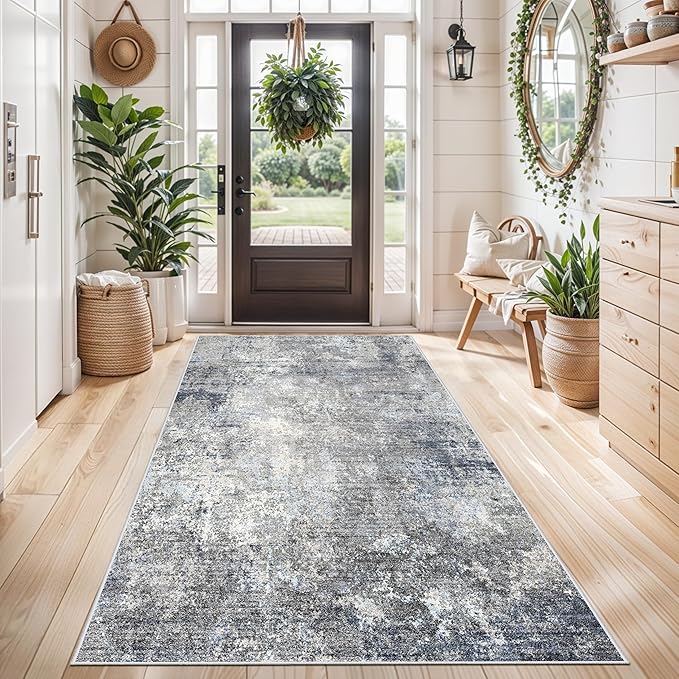 4x5 Washable Entryway Rug – Non-Slip Modern Abstract Indoor Area Rug for Bathroom Kitchen Living Room Bedroom – Low Pile Thin Soft Small Throw Carpet (Blue Grey,4x5)