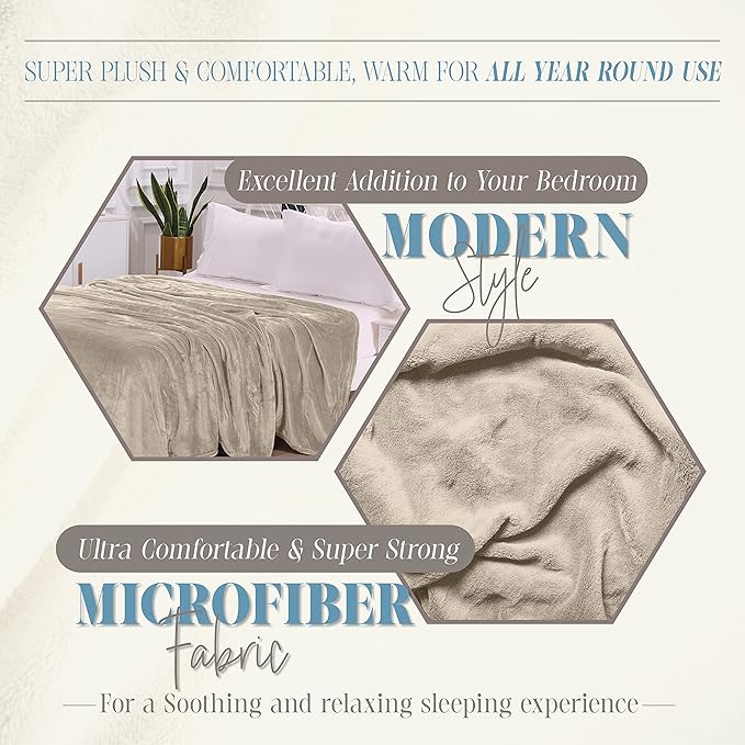 Elegant Comfort Luxury Velvety Feel Blanket, All-Season Lightweight Blanket, Ultra Plush, Soft, Cozy-Fuzzy Flannel Fleece for Couch, Sofa, Bed, Travel, Solid Design, Full/Queen, Cream-Beige
