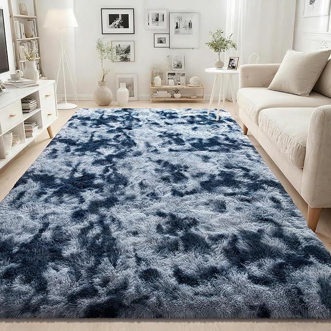ISEAU 4x6 Area Rug for Living Room, Dark Blue Abstract Rugs for Bedroom, Dorm, College, Apartment, Soft Shaggy Carpets, Machine Washable Mats, Under Bed, On Nursery Floors Mat, Boys, Girls Room Carpet