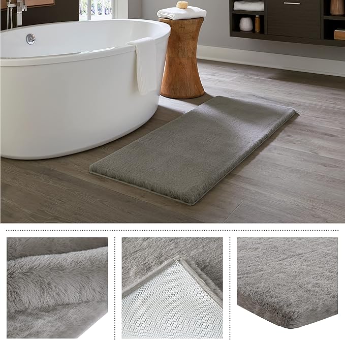 Home-Complete Faux Fur Bath Mat – 24x60-Inch Nonslip Jacquard Faux Fur Washable Rug for Bathroom or Kitchen, Gray