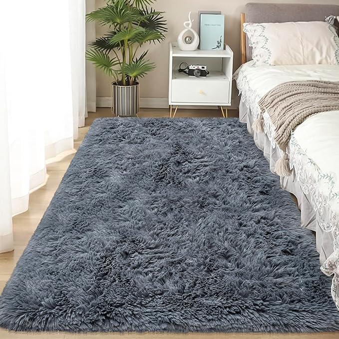 Fluffy Rugs for Bedroom 4x6 Grey Shaggy Rug for Living Room Soft Fur Rug Non Slip Modern Indoor Furry Floor Carpet Washable Plush Fuzzy Kids Area Rug for Nursery Baby Teen Dorm Room