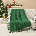 Chunky Knit Throw Blanket with Braided Tassels 50" x 60", Hand Knitted Soft Thick Yarn Basket Weave Boho Farmhouse Blanket, Plush Fluffy Tassel Decor Throw for Couch Bed Sofa, Christmas Green