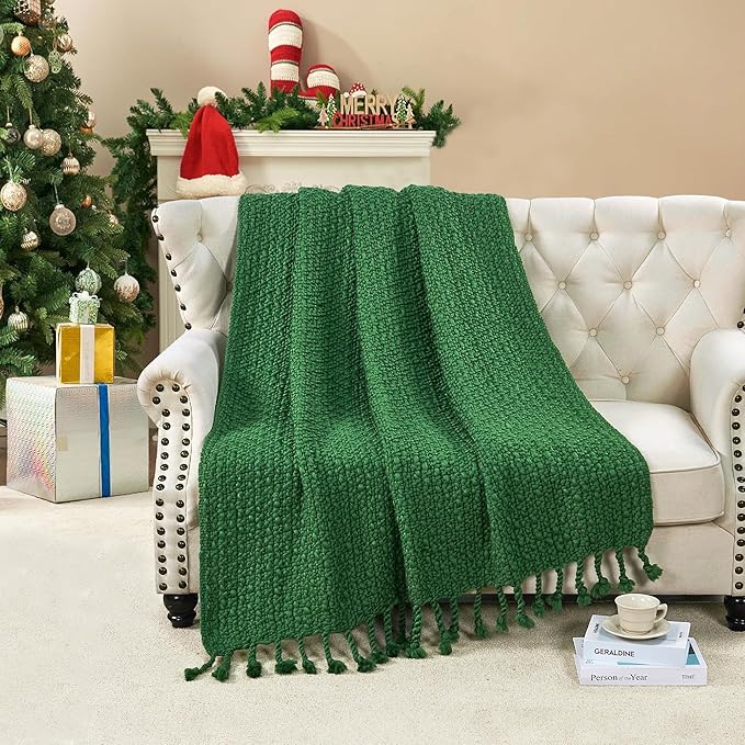 Chunky Knit Throw Blanket with Braided Tassels 50" x 60", Hand Knitted Soft Thick Yarn Basket Weave Boho Farmhouse Blanket, Plush Fluffy Tassel Decor Throw for Couch Bed Sofa, Christmas Green