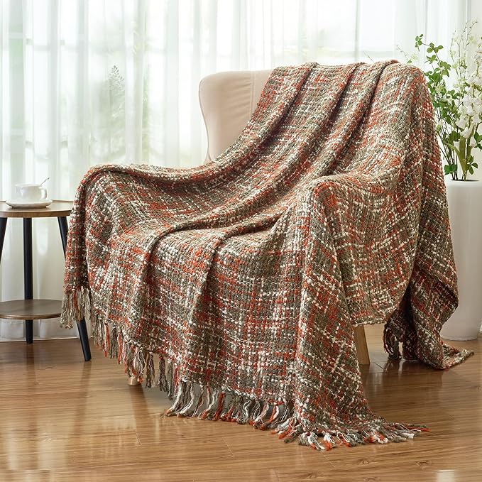 Multi-Color Orange Cable Woven Throw Blanket for Couch,60"X80" Boho Style Textured Blankets for Home Decor,Super Soft Warm Cozy Chunky Blanket with Decorative Tassels for Bed and Sofa