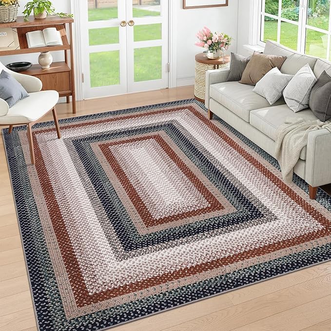 RUGSREAL Large Living Room Area Rug 10x13 Braided Washable Rug Non Slip Bedroom Throw Carpet Stain Resistant Dining Room Area Rug Braid Printed Farmhouse Accent Rug for Home Decor Office, Olive/Brown
